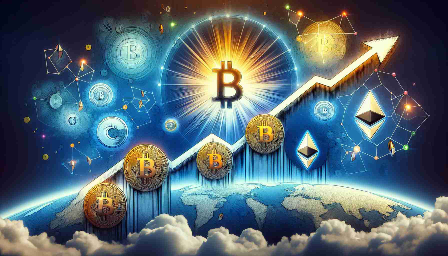 Create a high-definition, realistic image depicting the concept of rising hopes for a global cryptocurrency amidst rebranding. The image should include symbols for cryptocurrency, such as Bitcoin, Ethereum or other recognizable tokens, illustrated with an upward trajectory to signify rising hopes. The process of rebranding may be symbolized by changes in color, symbol shape, or other visual cues. Be sure to maintain an optimistic mood in the depiction, suggesting a positive future for cryptocurrency.