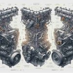 A high-definition, realistic illustration showcasing a comparative analysis of Nissan's VR30 and VR38 engines. The image should display the two engines side by side, depicting their distinctive parts and features. Notes and labels that point out the differences in performance, parts, and overall structure will be included for clarity. The engines should be sketched intricately to indicate the fine details of these mechanical systems. The overall color palette should be neutral and metallic, typical of engine machinery, with hints of colors for various parts to aid in differentiation.