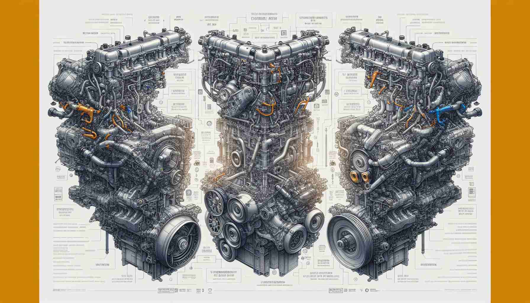 A high-definition, realistic illustration showcasing a comparative analysis of Nissan's VR30 and VR38 engines. The image should display the two engines side by side, depicting their distinctive parts and features. Notes and labels that point out the differences in performance, parts, and overall structure will be included for clarity. The engines should be sketched intricately to indicate the fine details of these mechanical systems. The overall color palette should be neutral and metallic, typical of engine machinery, with hints of colors for various parts to aid in differentiation.