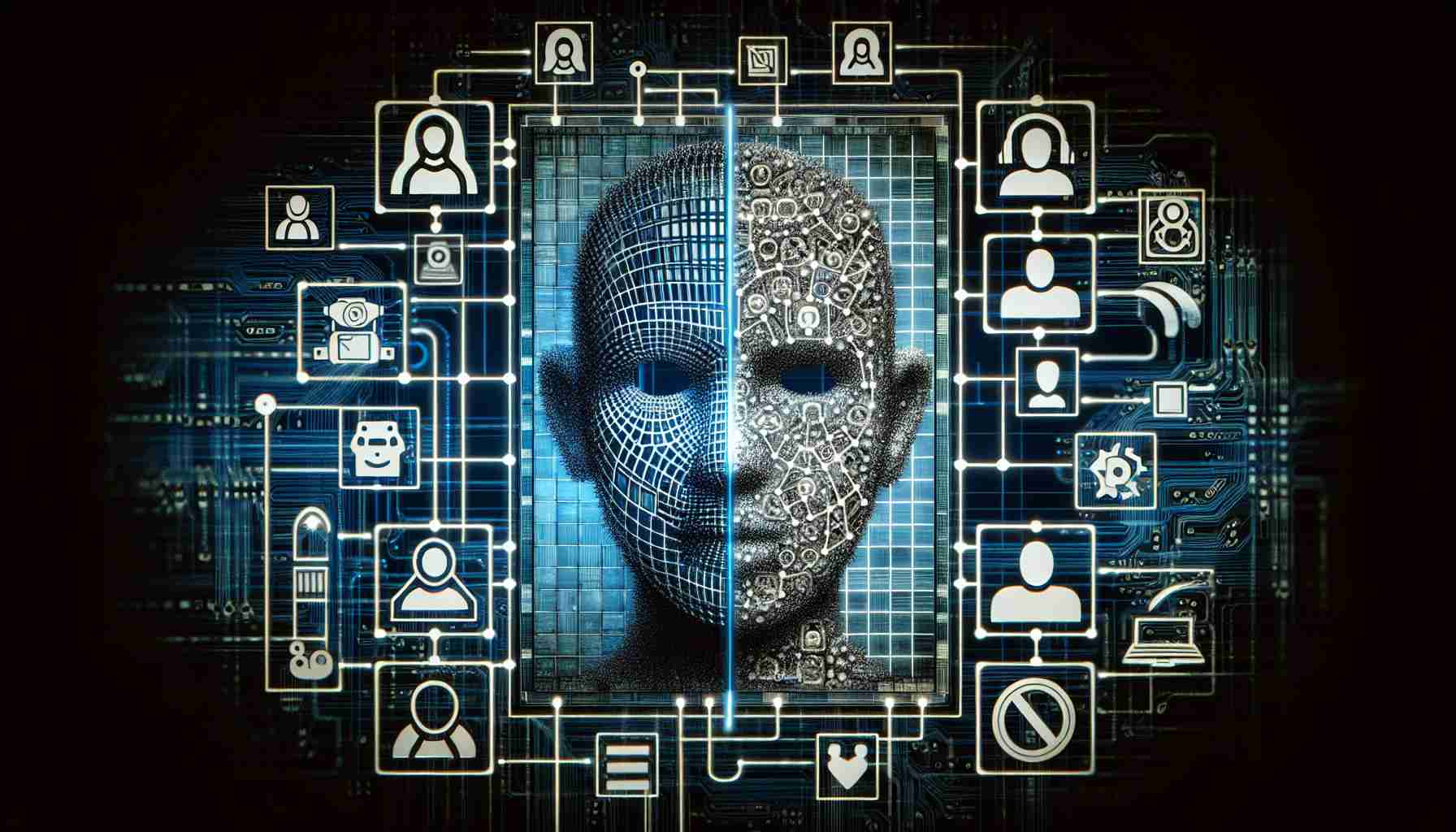 High definition image of a symbolic representation of a major social media company's decision to reintroduce facial recognition technology as a means to fight online fraud. This could be symbolized by a stylized representation of a computer network grid with facial features being analyzed and highlighted, with symbols denoting safety and combating fraud prominently featured.