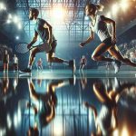 Create a high definition image capturing the reflections of a competitive match. The image should depict an intense atmosphere with two anonymous athletes of diverse descent and gender. These athletes are sweating and their faces show determination. The court they are playing on has a polished surface which mirrors the athletes, the spectators in the background, and the bright indoor lighting. The playing equipment is in motion, creating dynamic reflections on the floor. The composition is balanced, bringing both the action and the reflected images into equal focus.