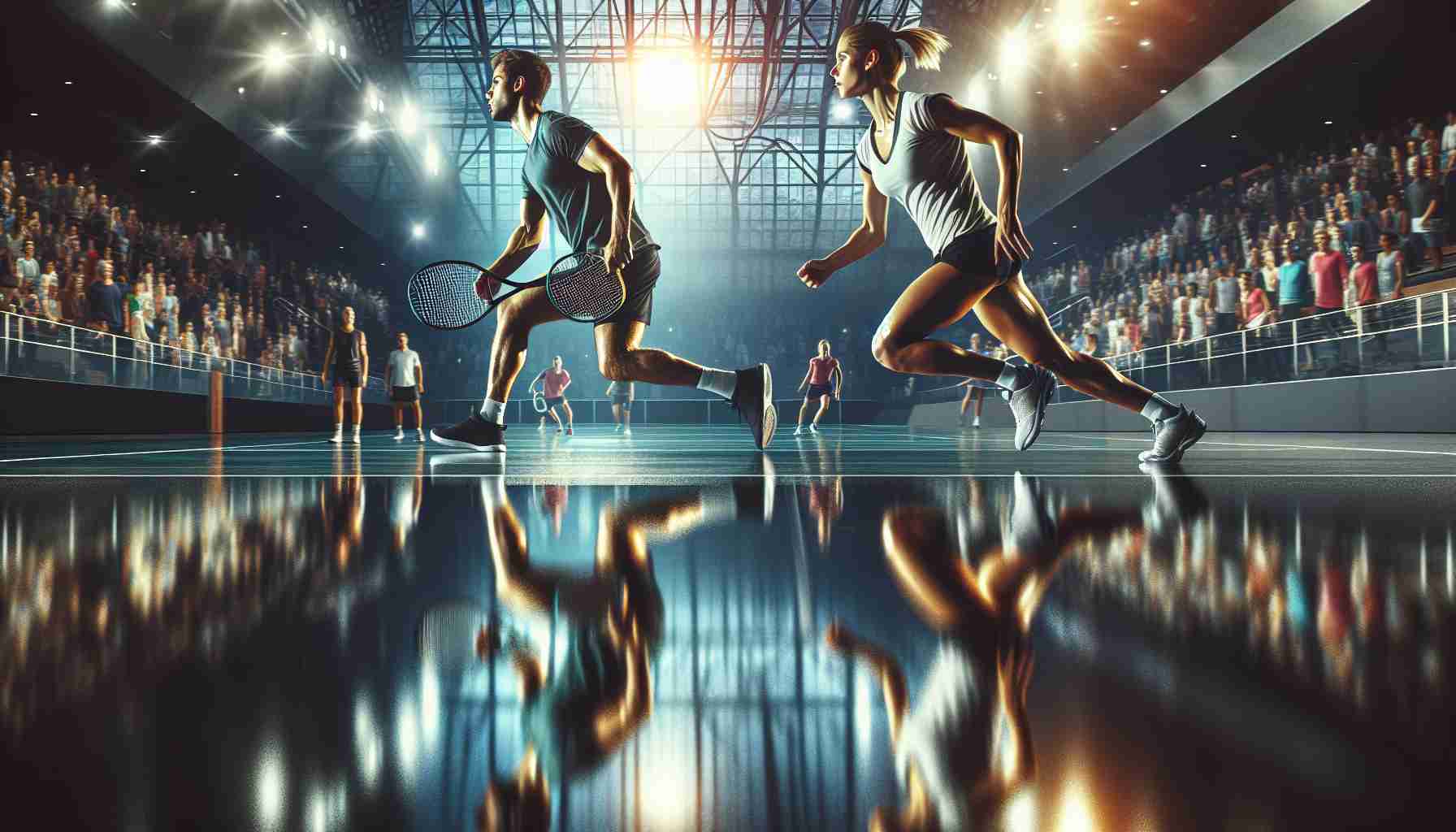 Create a high definition image capturing the reflections of a competitive match. The image should depict an intense atmosphere with two anonymous athletes of diverse descent and gender. These athletes are sweating and their faces show determination. The court they are playing on has a polished surface which mirrors the athletes, the spectators in the background, and the bright indoor lighting. The playing equipment is in motion, creating dynamic reflections on the floor. The composition is balanced, bringing both the action and the reflected images into equal focus.