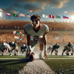 High-definition image showing a thrilling scene from a high school football playoff game. The field should be set under a bright sky, filled with the tension and anticipation as the game begins. The player, a Hispanic teenage boy, is about to execute a play, his face focused and determined. The crowds in the stands should be full of diverse range of people cheering and showing their support, banners and flags waving in the air, with the school's logo clearly visible. Please include as much detail and realism as possible to truly capture the energy and excitement present in these early stages of the journey.