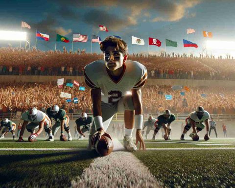 High-definition image showing a thrilling scene from a high school football playoff game. The field should be set under a bright sky, filled with the tension and anticipation as the game begins. The player, a Hispanic teenage boy, is about to execute a play, his face focused and determined. The crowds in the stands should be full of diverse range of people cheering and showing their support, banners and flags waving in the air, with the school's logo clearly visible. Please include as much detail and realism as possible to truly capture the energy and excitement present in these early stages of the journey.