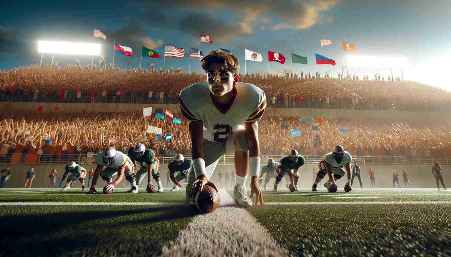 High-definition image showing a thrilling scene from a high school football playoff game. The field should be set under a bright sky, filled with the tension and anticipation as the game begins. The player, a Hispanic teenage boy, is about to execute a play, his face focused and determined. The crowds in the stands should be full of diverse range of people cheering and showing their support, banners and flags waving in the air, with the school's logo clearly visible. Please include as much detail and realism as possible to truly capture the energy and excitement present in these early stages of the journey.