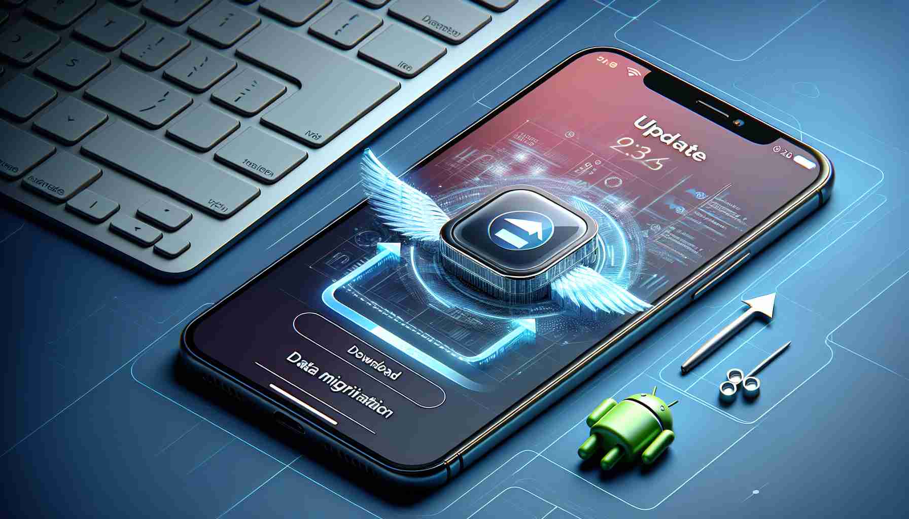 Create a high-definition, realistic image of the update screen of a hypothetical application designed for iOS that enables the migration of data to an Android device. Display the latest version of the app on an up-to-date iOS operating system with a digital rendering of the application logo, the download button and the app's interface showing the progress of data migration.