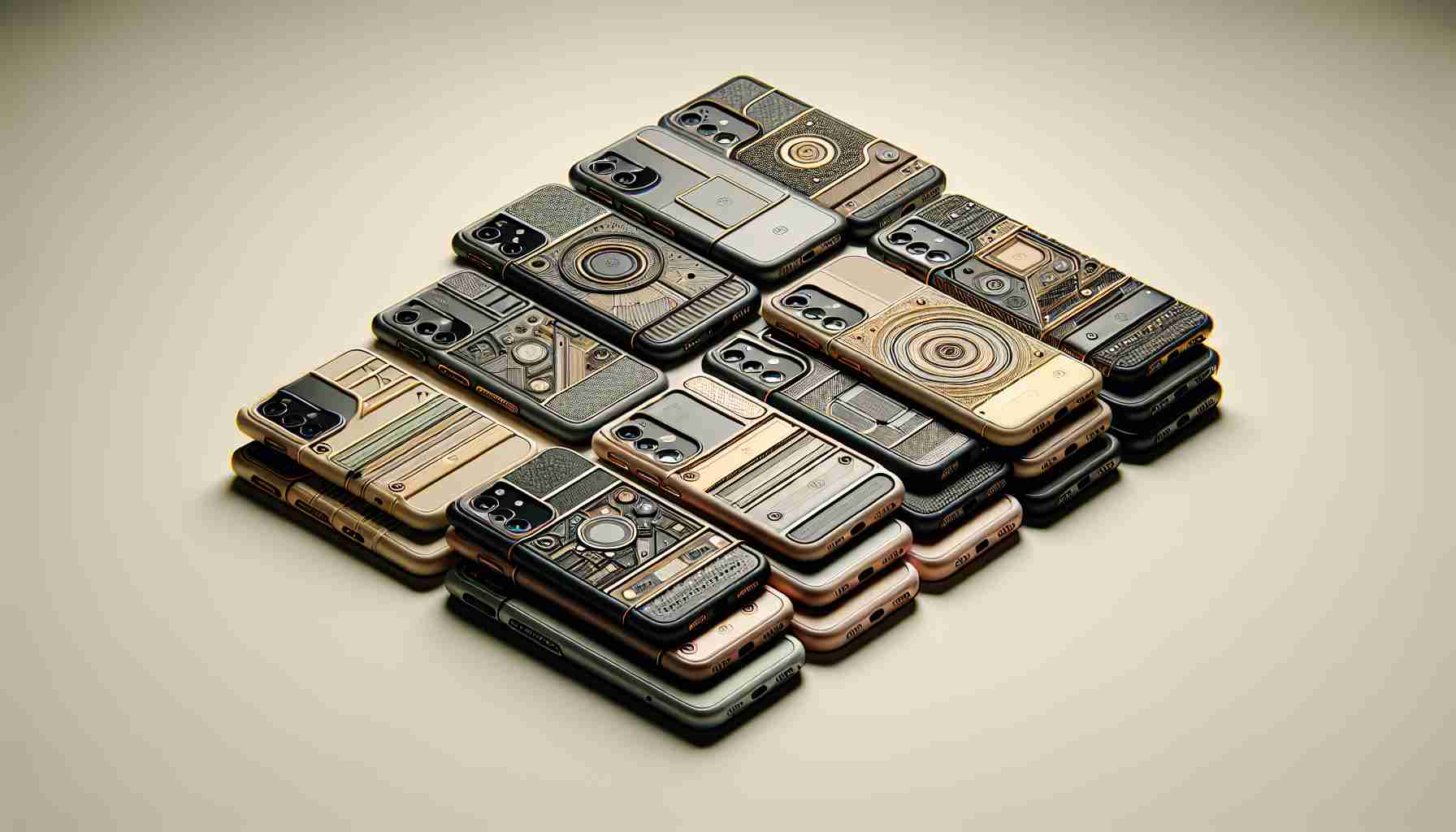 Generate a detailed, high-definition visual of modern and innovative smartphone cases. These should represent cutting-edge design trends, incorporating features like compact storage, wireless charging support, and multi-use functionality. Each case can be different, showcasing a variety of colors, materials - such as tempered glass, leather or eco-friendly materials - and styles to attract a wide range of contemporary users. Pay close attention to the fine detailing and sturdiness of the cases.