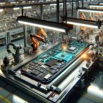 A hyper-realistic 3D rendered image showcasing the surprising origin of the latest generation smartphone model. The image should depict an assembly line in a high-tech factory, with state-of-the-art machinery and robotics assembling various components of the phone. The workspace should be brightly illuminated by LED lights reflecting on the shiny metallic parts of the phone and the gleaming factory floor. Include microscopic close-ups of the intricate circuitry, the high resolution camera lens, and the sleek glass body of the phone being assembled step by step.