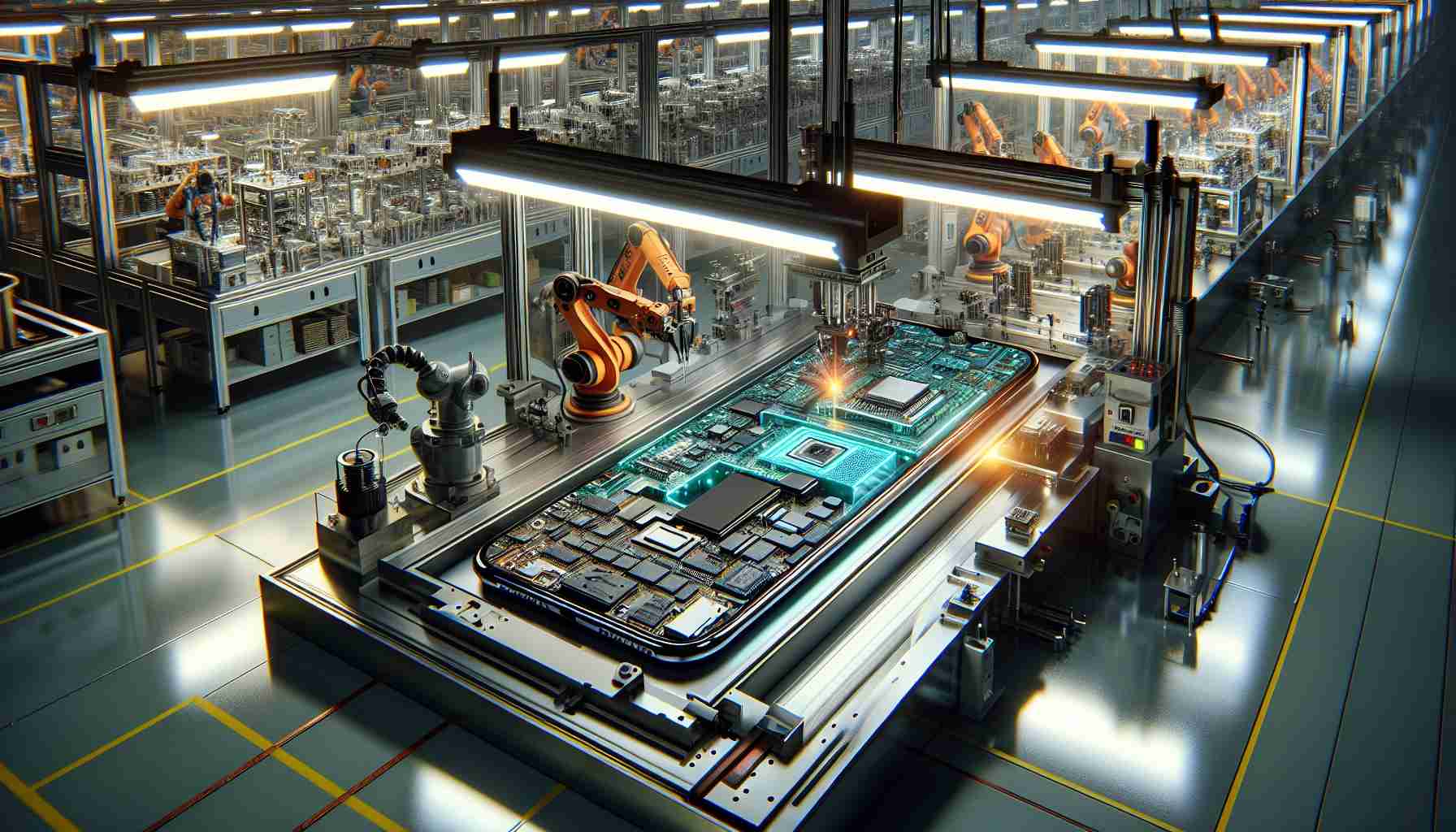 A hyper-realistic 3D rendered image showcasing the surprising origin of the latest generation smartphone model. The image should depict an assembly line in a high-tech factory, with state-of-the-art machinery and robotics assembling various components of the phone. The workspace should be brightly illuminated by LED lights reflecting on the shiny metallic parts of the phone and the gleaming factory floor. Include microscopic close-ups of the intricate circuitry, the high resolution camera lens, and the sleek glass body of the phone being assembled step by step.