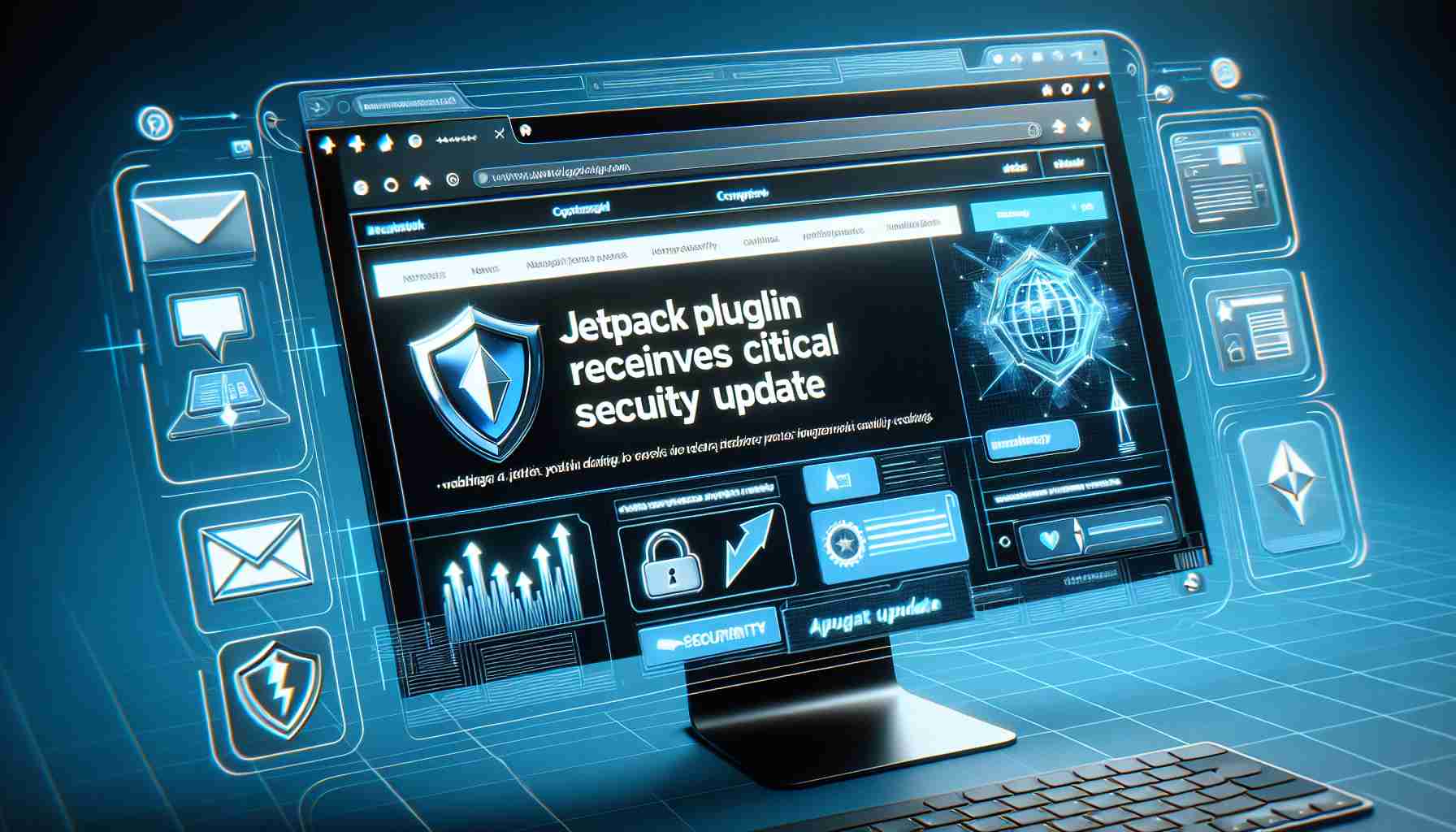 Generate a realistic high-definition image of a computer screen with an open browser. On the browser, the news headline reads, 'Jetpack Plugin Receives Critical Security Update'. Also, include visuals of relevant icons and symbols such as a shield to represent security and arrows or lines to represent updates.