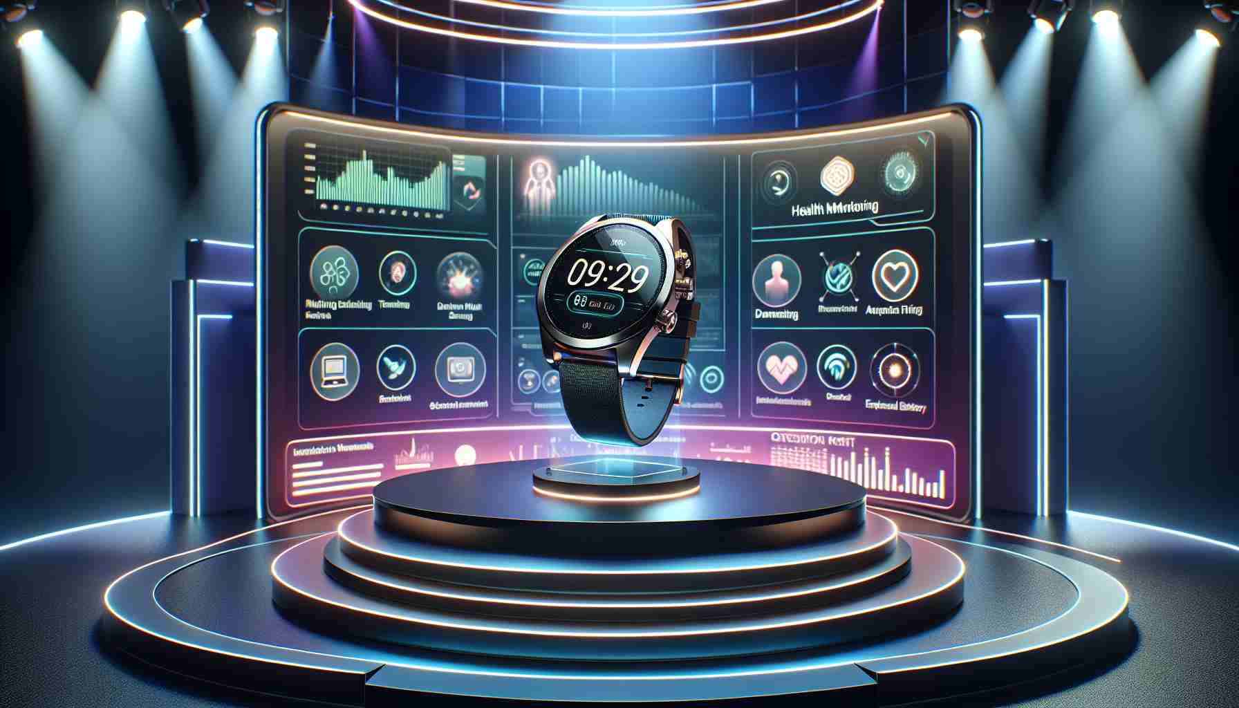 Realistic HD image of the conceptual unveiling of a high-tech smartwatch, showcasing its innovative features such as a sleek design, advanced health monitoring, seamless integration with smartphones, improved battery life, and enhanced durability. The smartwatch should be placed on a meticulously designed display stand, under strategic spotlights, against a vibrant stage backdrop. Decoration around the stage should be minimalist and futuristic in style, complementing the technological theme. The brand and model of the watch should be kept generic with no explicit logos or brand names.