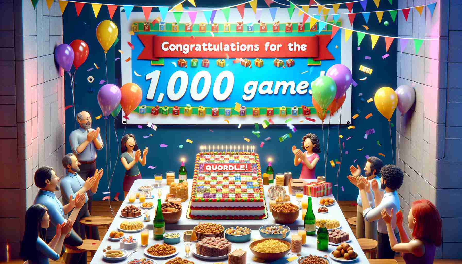 A high definition, realistic image portraying a festive celebration of Quordle's remarkable achievement: its 1,000th game. The scene includes colorful decorations and balloons, a large banner reading 'Congratulations for the 1,000th Game, Quordle!', a table filled with celebratory food items, a cake showcasing '1000 Games', and people clapping and cheering for this momentous milestone.