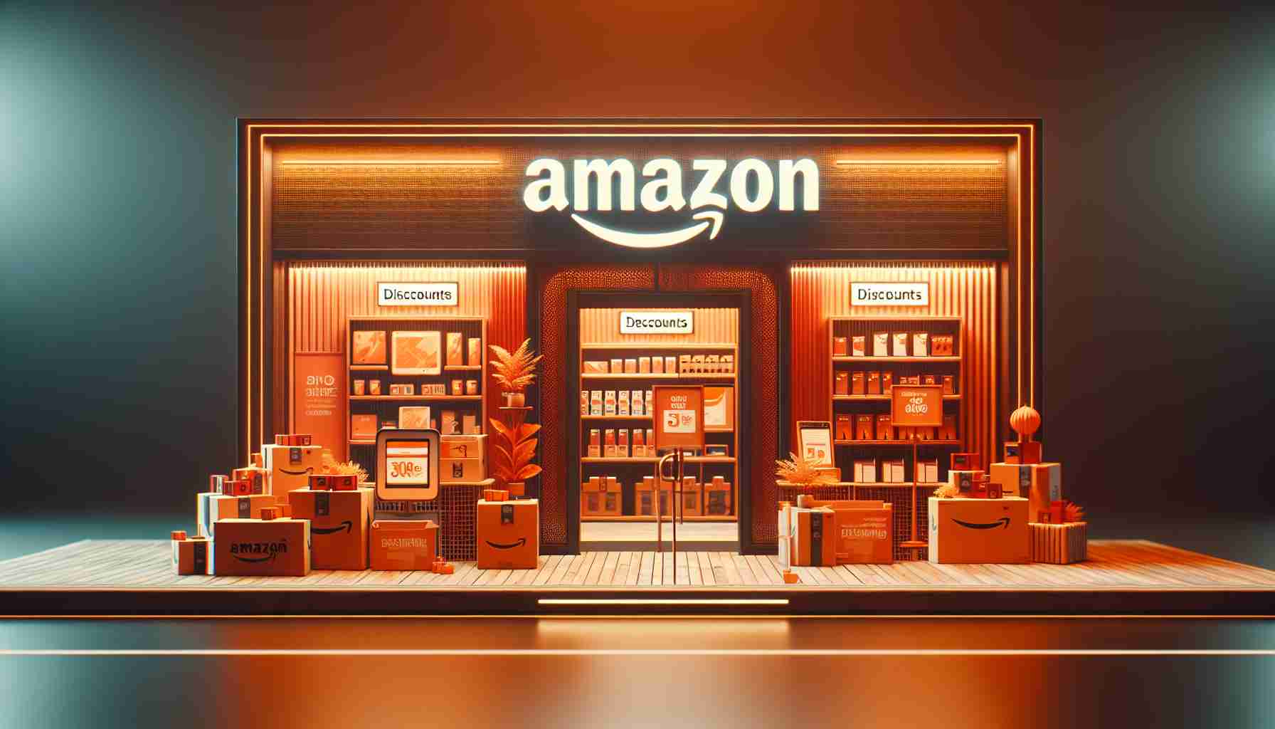 A realistic, high-definition image showing a digital storefront with overtones of oranges, yellows, and reds, appropriate for the month of October. There are various items on display, all marked with tags or banners indicating that discounts are still available. In the background, the word 'Amazon' is subtly integrated into the overall design, but not overly prominent, so as not to overpower the rest of the scene.