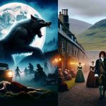 Generate a high definition visual representation showcasing thrilling advancements in the realm of film and television. On one side of the image, illustrate a suspenseful scene featuring a werewolf under the moonlight, capturing its supernatural transformation in vivid detail. On the other side, depict a scene from a period drama series similar to 'Outlander', showcasing characters in historically accurate costumes against the backdrop of rugged landscapes and antique architecture. The two scenes should subtly blend in the middle, highlighting the diversity of themes and genres in modern entertainment.