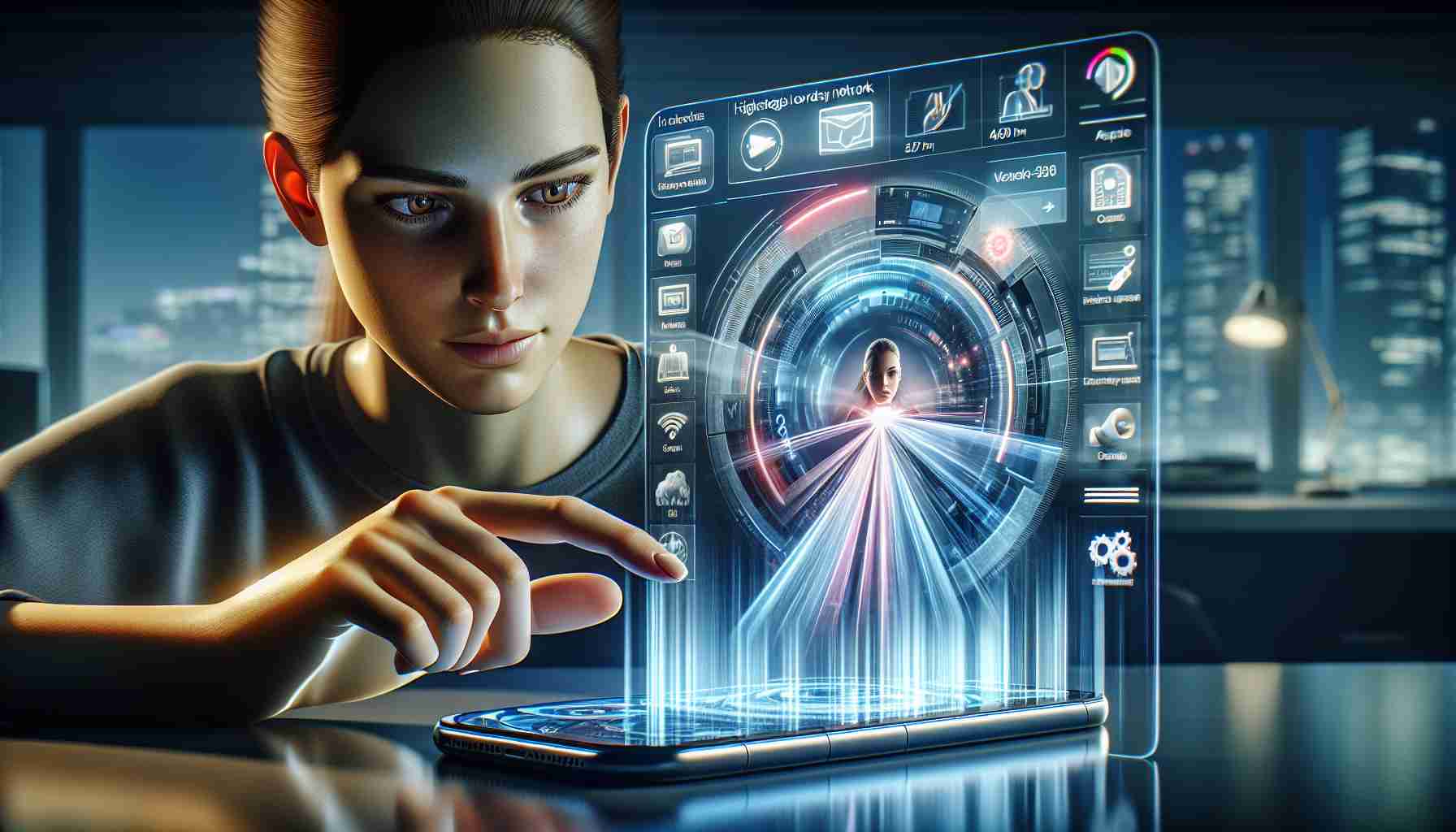 Realistic HD illustration of a person examining a sleek, modern smartphone with intriguing fascination, showcasing the potential of high-speed connectivity. The phone screen displays multiple apps running simultaneously without any lag, symbolizing seamless multi-tasking due to robust network. Futuristic imagery such as holographs streaming from the device, indicating video calls, games, and high-definition media effortlessly streaming despite being on a busy network. The person observing the phone could be a Middle-Eastern woman with light brown hair. The entire setup could be situated in a well-lit modern and minimalistic workspace, indicating the professional everyday use of the smartphone.