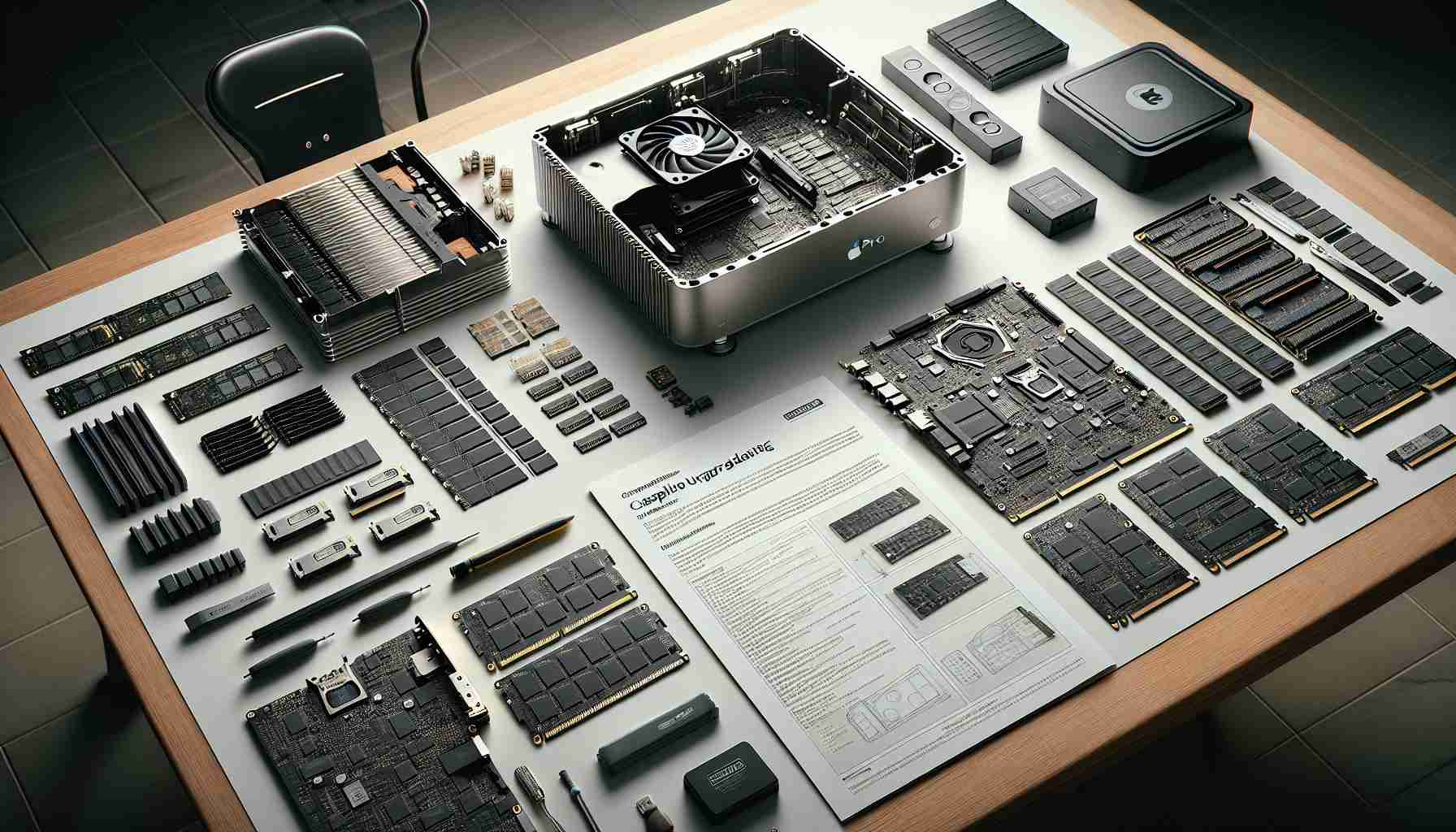 An image showcasing the process of upgrading a classic Mac Pro computer. The scene includes various hardware components such as memory chips, hard drives, and graphic cards compatible with the said model, laid out on a neat table. The Mac Pro's casing is open, revealing its intricate internal structure. On another section of the table, a guide or manual, detailing the compatibility and considerations for upgrade, is visible. The image quality should be high-definition and the environment is well-lit, enhancing the realness of the image.