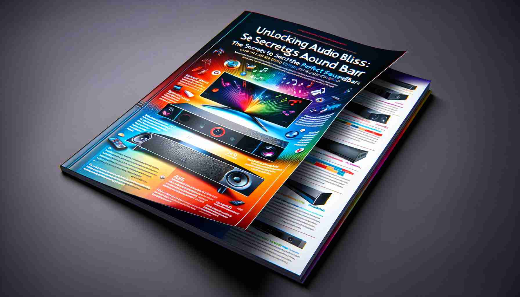 A realistic, high-definition image of a guide titled 'Unlocking Audio Bliss: The Secrets to Selecting the Perfect Soundbar'. The cover is glossy, with colorful images of various soundbars in a range of styles. One corner of the guide peels away, revealing pages filled with diagrams, technical specifications and tips on selection. The title is bold and striking, enticing readers with the promise of audio perfection.