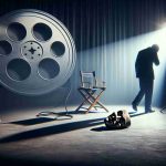 Create a realistic, high-definition image depicting the symbolic scene of a prominent star sadly walking away from an oversized film reel, representing their major role. The setting should be a spotlight lit stage with a single chair at the center. A mask can be seen lying on that chair, representing 'unmasking the controversy'. The overall mood should be dramatic and somber.