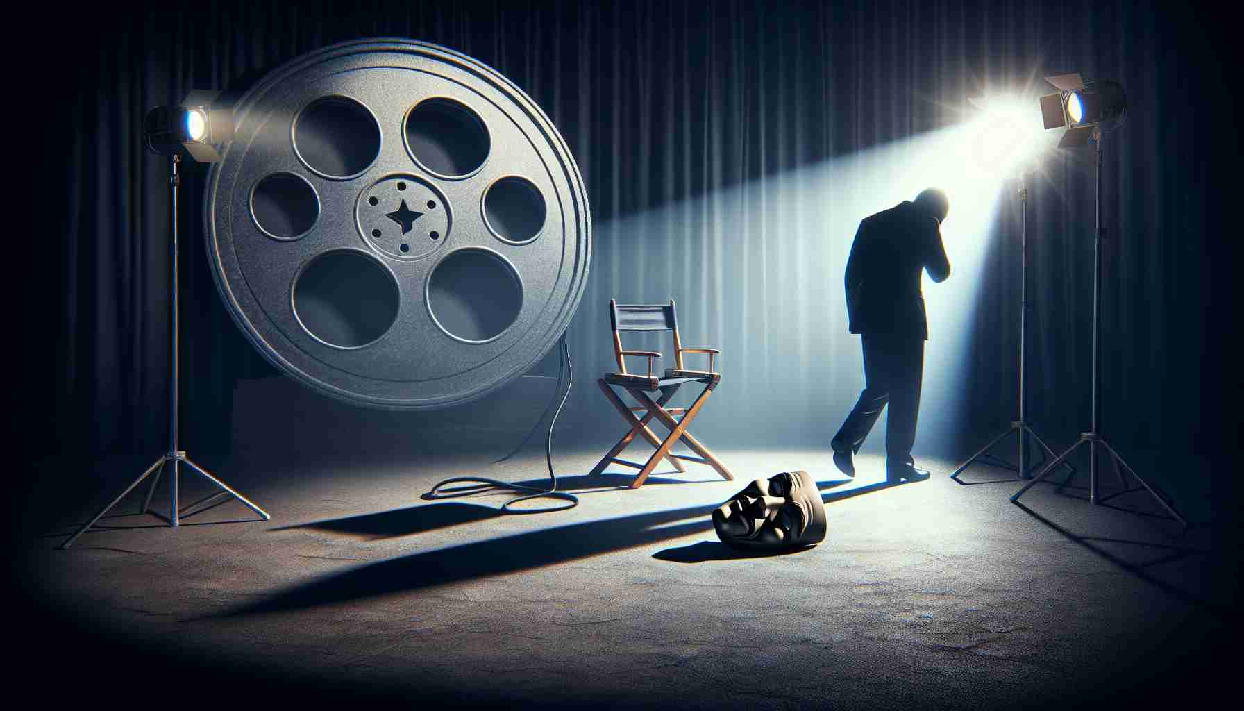 Create a realistic, high-definition image depicting the symbolic scene of a prominent star sadly walking away from an oversized film reel, representing their major role. The setting should be a spotlight lit stage with a single chair at the center. A mask can be seen lying on that chair, representing 'unmasking the controversy'. The overall mood should be dramatic and somber.