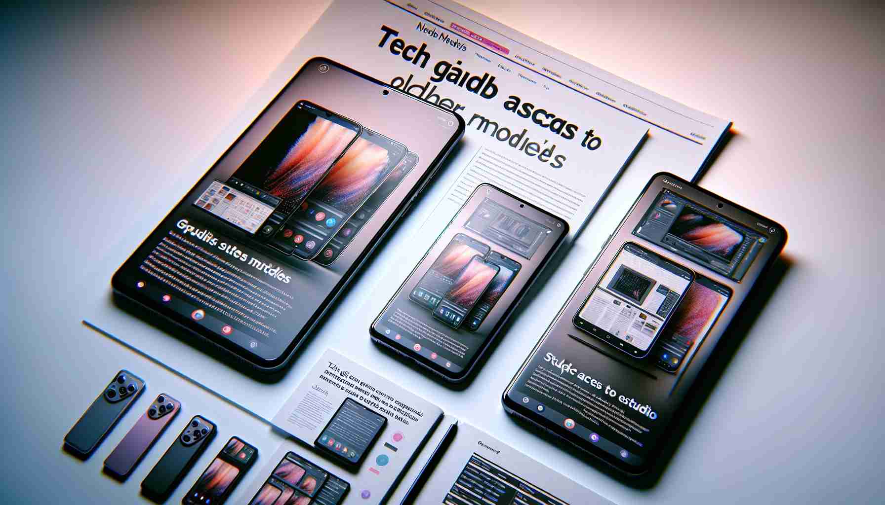 Generating an image of a technology news headline stating 'Tech Giant Expands Studio Access to Earlier Models'. The image should include various earlier models of a well-respected smartphone in high definition, showcasing their sleek design and advanced features. The focus of these smartphones should be on their screens, which displays a graphic design software being accessible on these older models. A soft gradient background from a cool white to a light grey enhances the visual appeal. Use a brochure-style layout to showcase the smartphones and their software accessibility. Everything should be presented in a neat, professional and visually appealing style.