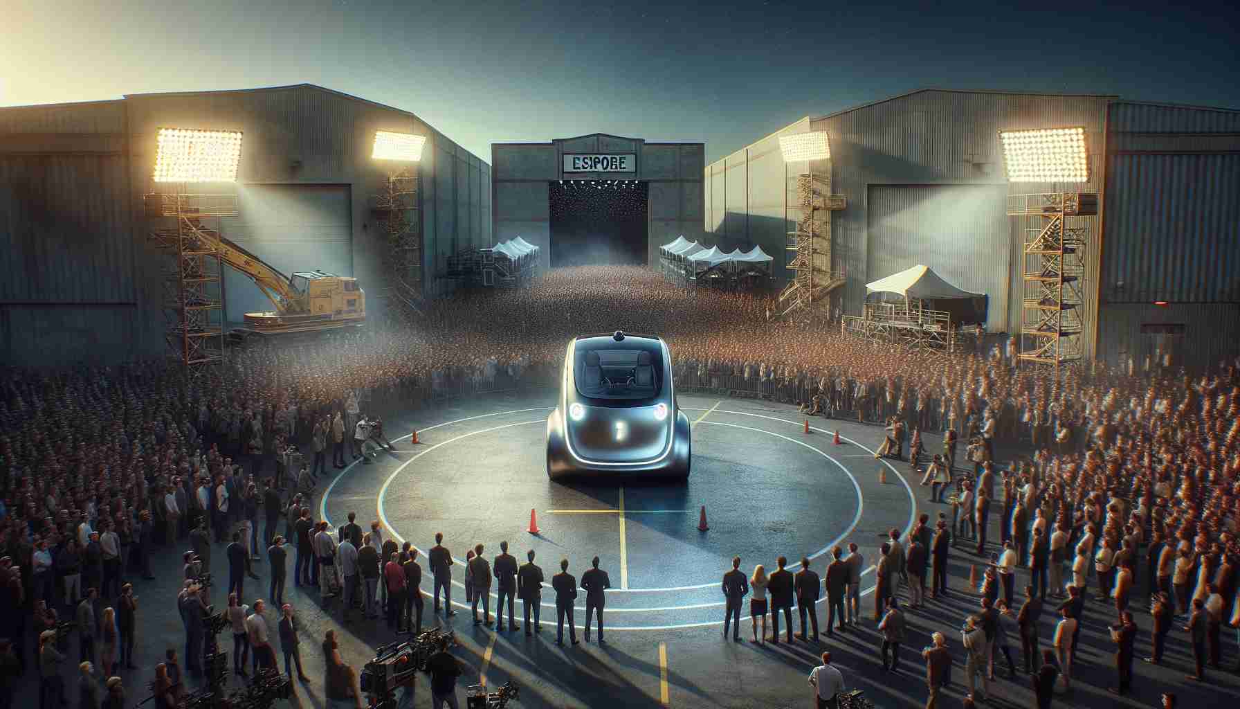 A high-definition, realistic image capturing the scene of a groundbreaking, unnamed autonomous electric vehicle reveal event unfolding at a large, busy film studio lot. The futuristic robotaxi stands as the central focus, surrounded by a large crowd of intrigued spectators, awaiting to be unveiled under the portable, bright stage lights. The backdrop comprises of sound stages, large warehouses and sets consistent with a revered movie studio environment. Express the anticipation and buzz in the crowd, along with the pioneering spirit of the day.