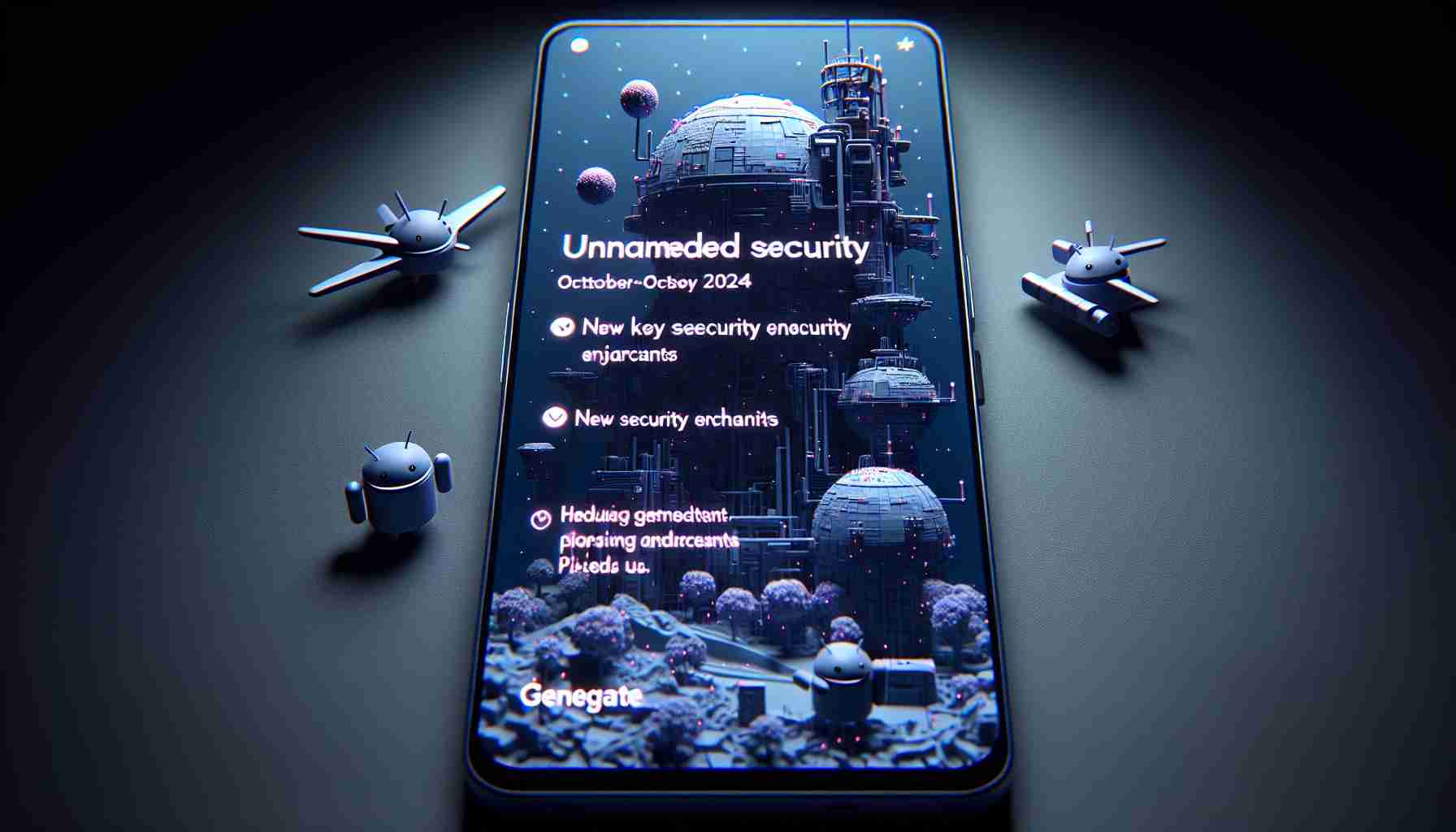 Generate a realistic, high-definition image that shows an update screen for an unnamed Android device from October 2024. This screen should highlight new key security enhancements, and the device represented should have a design similar to those typically seen on Pixel Devices.