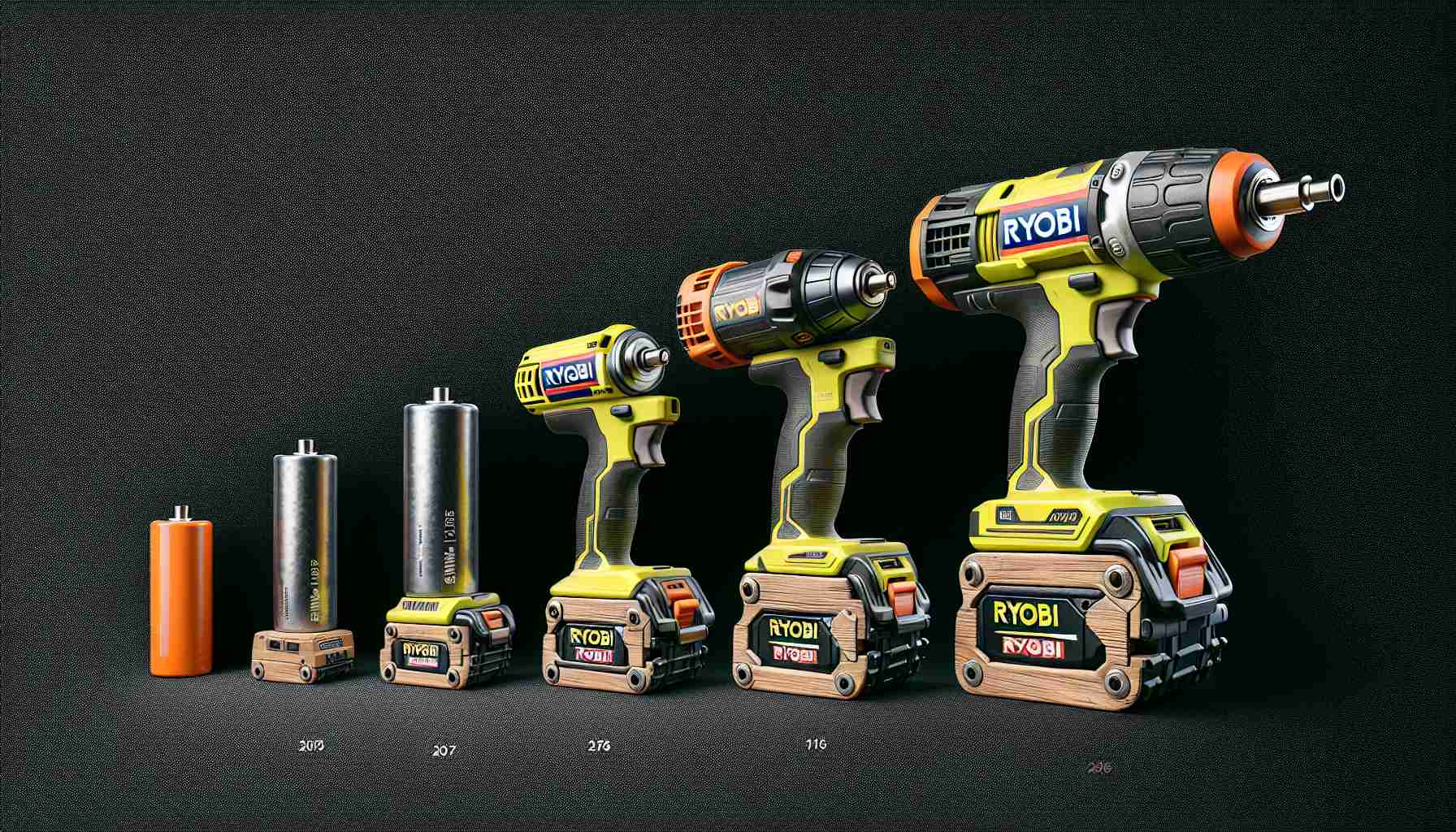 Create a realistic high-definition image representing the transition from nickel-cadmium (NiCad) to lithium-ion batteries in the context of Ryobi tools. The image should include older tools powered by NiCad batteries slowly evolving into modern tools with lithium-ion batteries. Please ensure the differences in the batteries are clear, like size, shape, and color differences, and also indicate the evolution in tool technology.