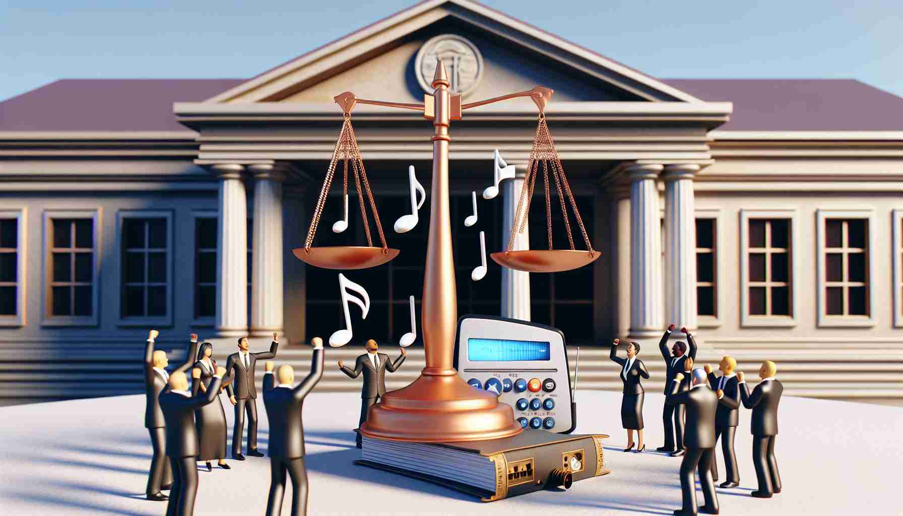 Realistically detailed image presenting a figurative representation of a legal victory for music publishers against a broadband provider. The scene features a backdrop of a courthouse, with a symbolic scale displaying music notes on one side outweighing a router symbol on the other. A group of diverse people, symbolizing the music publishers, are seen joyfully celebrating their victory.