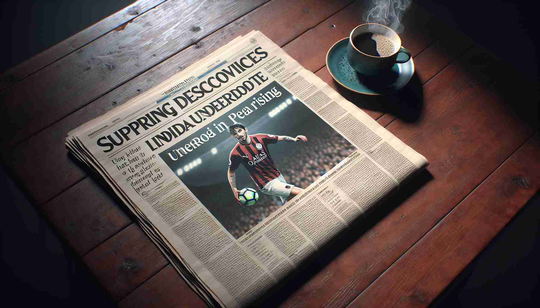 A highly detailed, high-definition image of a newspaper sporting headline revealing unexpected star player in the Premier League. The headline could read 'Surprising Discoveries Indicate Underdog Rising in Premier League'. The newspaper is outspread on a mahogany table with a steaming cup of coffee beside it. The newspaper is detailed and clear, the text is legible, and the table and coffee cup are clearly in view. Furthermore, the picture comprises subtle lighting, showcasing the rich hues of the mahogany table and the steam rising from the coffee.