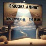 A realistic, high-definition image of a mirage in a desert setting, with the silhouette of a car visible within. The mirage appears elusive and tantalizing, symbolizing the uncertainty of success. In the foreground, a weathered sign reads 'Is Success a Mirage? Discover the Truth!' implying an exploratory journey into the nature of success.