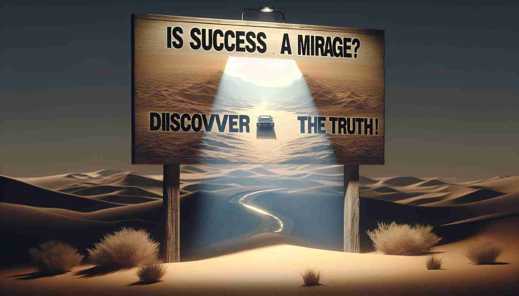 A realistic, high-definition image of a mirage in a desert setting, with the silhouette of a car visible within. The mirage appears elusive and tantalizing, symbolizing the uncertainty of success. In the foreground, a weathered sign reads 'Is Success a Mirage? Discover the Truth!' implying an exploratory journey into the nature of success.