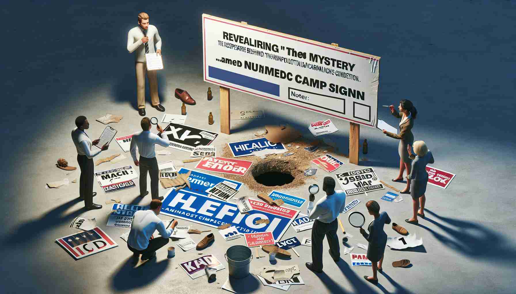 Create a high-definition image that narrates the story of revealing the mystery behind the disappearance of unnamed political campaign signs. The scene should include a diverse selection of people actively involved in the investigation – a Caucasian female with a magnifying glass, a Black male with a notepad, and a Hispanic male studying the empty spot where a sign used to stand. Also feature various campaign signs with generic symbols and text, and use elements of intrigue like a flashlight beam, unidentified footprints or a ripped corner of a poster.