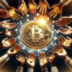 A high-definition realistic image of a physical Bitcoin symbol surrounded by conceptual elements representing financial inclusion and empowerment. The Bitcoin symbol should be golden and precise in detail, shining under a light. Around it, show a diverse array of hands reaching towards it, signifying the global reach of the cryptocurrency. These hands should represent a balance of genders and a wide range of descents, such as White, Hispanic, Black, Middle-Eastern, South Asian, and so on. Behind these hands, use brighter tones to suggest a promising horizon, symbolizing empowerment and inclusivity in finance.