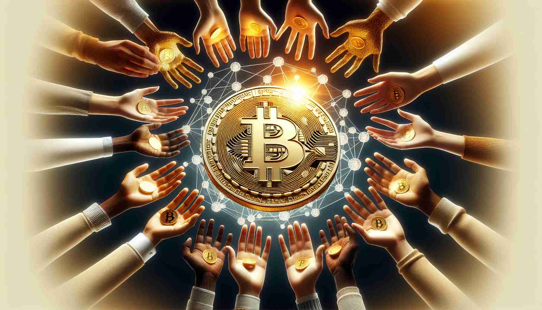 A high-definition realistic image of a physical Bitcoin symbol surrounded by conceptual elements representing financial inclusion and empowerment. The Bitcoin symbol should be golden and precise in detail, shining under a light. Around it, show a diverse array of hands reaching towards it, signifying the global reach of the cryptocurrency. These hands should represent a balance of genders and a wide range of descents, such as White, Hispanic, Black, Middle-Eastern, South Asian, and so on. Behind these hands, use brighter tones to suggest a promising horizon, symbolizing empowerment and inclusivity in finance.