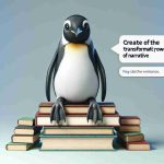 Create an image of a symbolic representation of the transformative power of narrative, centered around the concept of a penguin. The penguin can be depicted sitting on a pile of books to symbolize knowledge and transformation. Pay attention to the environment so as to depict the vast nature of narratives. The image should be realistic and in HD.