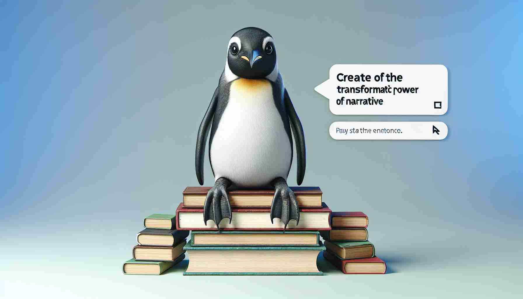 Create an image of a symbolic representation of the transformative power of narrative, centered around the concept of a penguin. The penguin can be depicted sitting on a pile of books to symbolize knowledge and transformation. Pay attention to the environment so as to depict the vast nature of narratives. The image should be realistic and in HD.