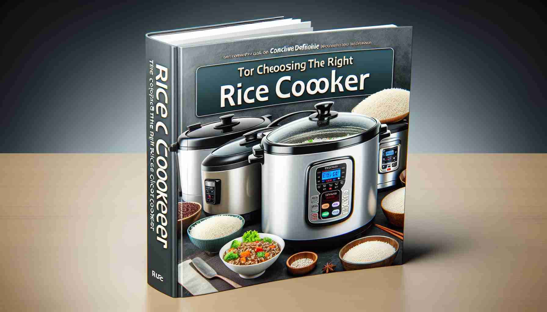 A realistic, high-definition image of a comprehensive guide book on choosing the right rice cooker. The front cover of the book should prominently display the title. The cover could also feature a variety of rice cookers, showcasing different sizes, styles, and shapes to reflect the diversity of options available. The background could be a kitchen counter or a related setting appropriate for a rice cooker. Ensure the guidebook looks professional, providing a sense of reliability and authority on the topic.