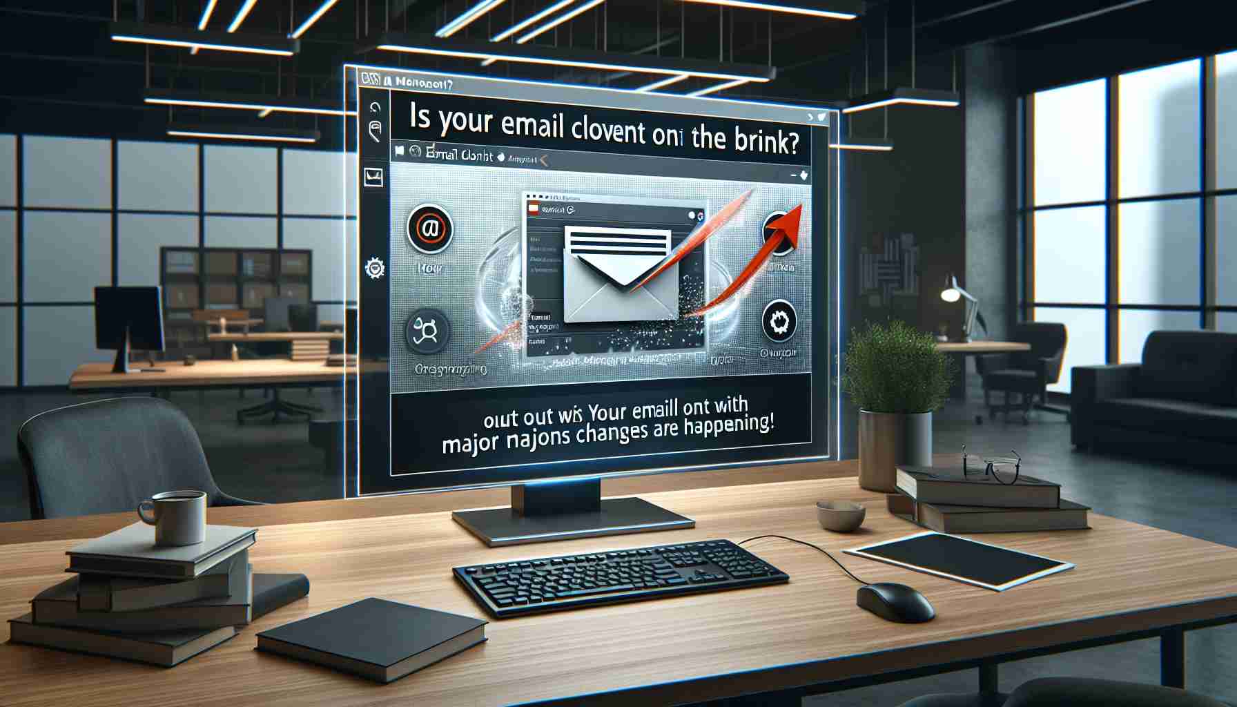 Depiction of an email client interface on a digital screen, signalling possible changes and approaching updates. The screen is embedded in a contemporary and versatile office setting. Adjacent to the screen is a note with a headline stating, 'Is Your Email Client on the Brink? Find Out Why Major Changes Are Happening!'. The environment reflects a sense of urgency and adaptation to change, with imageries suggesting technology and connectivity. All elements are rendered in high definition.