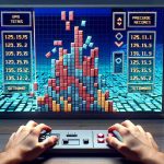 Generate a realistic high-definition image of a gaming scenario where the classic game of Tetris is being played. Illustrate the screen showing a towering stack of Tetriminos on the verge of reaching the top of the playfield. Show the explicit signs of a high score being achieved, pushing the limits and breaking long-standing records.