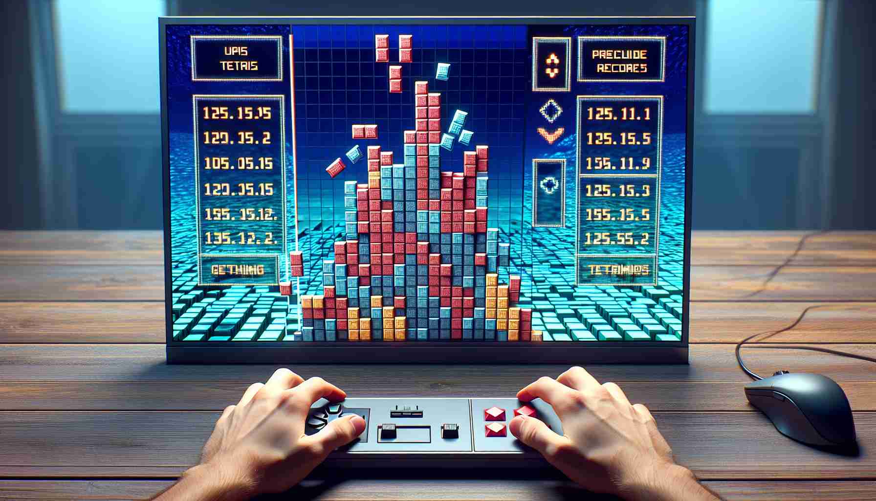 Generate a realistic high-definition image of a gaming scenario where the classic game of Tetris is being played. Illustrate the screen showing a towering stack of Tetriminos on the verge of reaching the top of the playfield. Show the explicit signs of a high score being achieved, pushing the limits and breaking long-standing records.