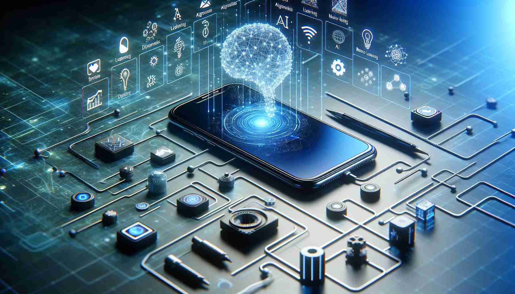 A realistic high-definition image representing a concept where advanced artificial intelligence technology has been integrated with a smartphone. The scene includes symbols and indications of AI like neural networks, algorithms, machine learning, digital interfaces, and a modern smartphone demonstrating these futuristic features.