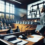 High-definition, realistic scene of a courtroom where a legal action is being taken against a gas utility company accused of misleading environmental claims. Depict a South Asian male lawyer, clutching a folder of evidence, passionately presenting his case to the judge. The courtroom is filled with concerned spectators of diverse descents, displaying an atmosphere of intense anticipation. The company's logo, symbolizing a gas pipeline, is visibly projected onto a screen behind the lawyer. The color scheme of the image should reflect a serious and solemn ambiance.