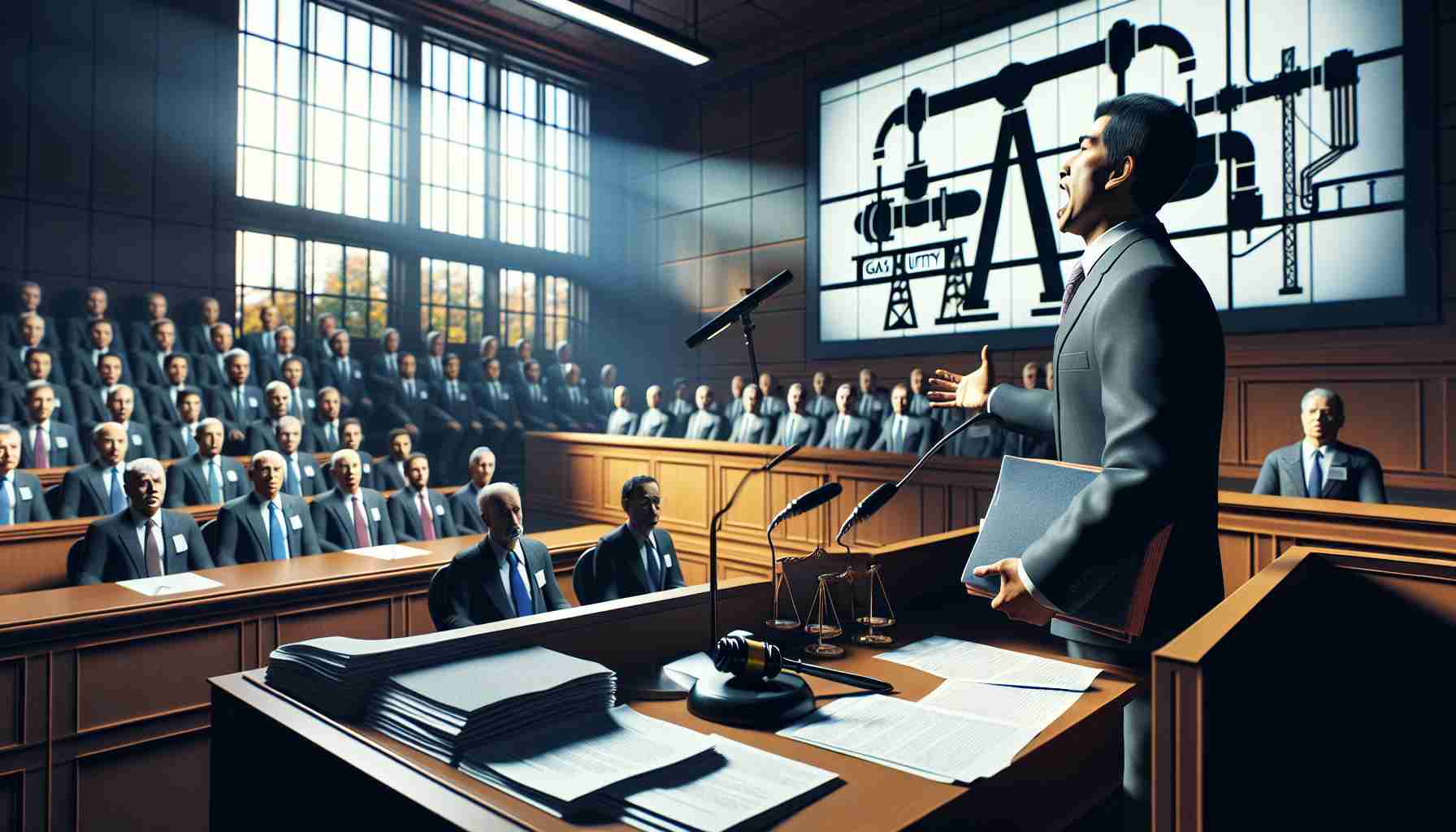 High-definition, realistic scene of a courtroom where a legal action is being taken against a gas utility company accused of misleading environmental claims. Depict a South Asian male lawyer, clutching a folder of evidence, passionately presenting his case to the judge. The courtroom is filled with concerned spectators of diverse descents, displaying an atmosphere of intense anticipation. The company's logo, symbolizing a gas pipeline, is visibly projected onto a screen behind the lawyer. The color scheme of the image should reflect a serious and solemn ambiance.