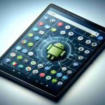 Generate a highly detailed image of a modern Android tablet with a sleek, compact design. Imagine the device includes standard features such as a high-resolution display, a camera on the back, and neatly arranged application icons on the home screen. Also, visualize the device bearing a logo of a generic tech manufacturer. The operating system should be consistent with the aesthetic of typical Android tablets and include an assortment of popular application icons on the display.