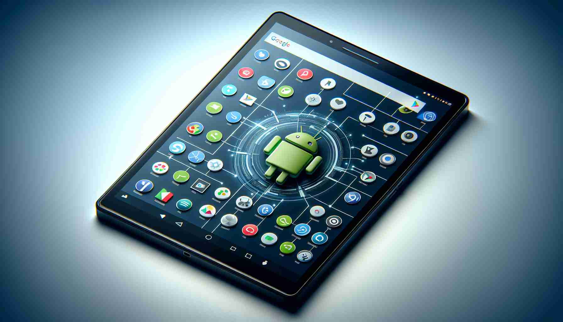 Generate a highly detailed image of a modern Android tablet with a sleek, compact design. Imagine the device includes standard features such as a high-resolution display, a camera on the back, and neatly arranged application icons on the home screen. Also, visualize the device bearing a logo of a generic tech manufacturer. The operating system should be consistent with the aesthetic of typical Android tablets and include an assortment of popular application icons on the display.