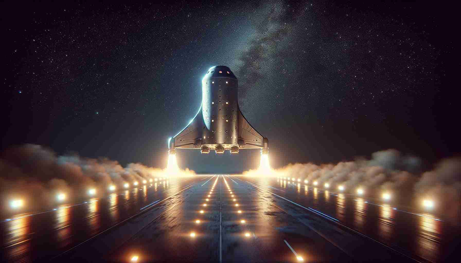 A high-definition and realistic image of an ambitious Starship test flight by a commercial space exploration company. The starship has just completed a precision landing, creating a picturesque moment. The spacecraft is bathed in the glow of the landing spotlights, exhaust gases dissipate into the night sky, and a sense of triumph fills the air.