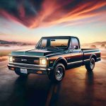 Generate a lifelike, high-definition image of a classic S-10 pickup truck. The truck should be captured in a way that emphasizes its enduring legacy, perhaps parked on an open road with a dramatic sunset in the background, exuding strength and reliability. Let the image highlight the classic design elements that have given the S-10 truck its lasting appeal among vehicle enthusiasts.