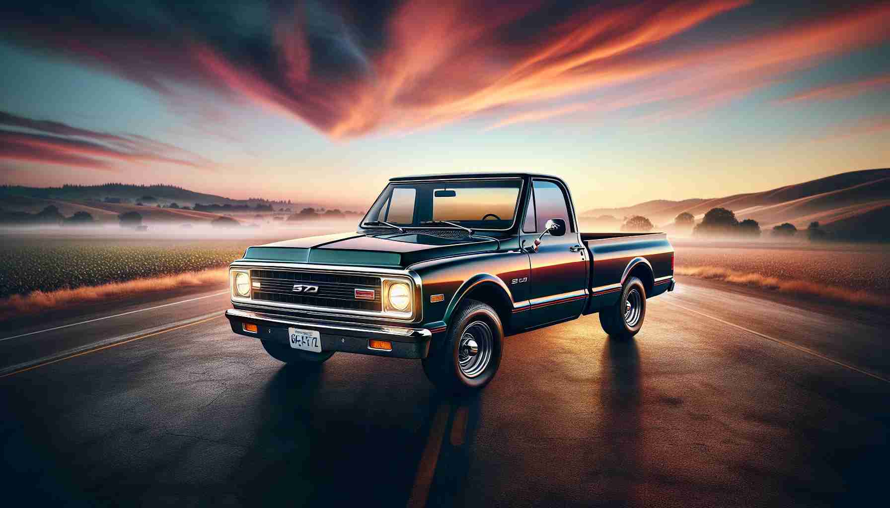 Generate a lifelike, high-definition image of a classic S-10 pickup truck. The truck should be captured in a way that emphasizes its enduring legacy, perhaps parked on an open road with a dramatic sunset in the background, exuding strength and reliability. Let the image highlight the classic design elements that have given the S-10 truck its lasting appeal among vehicle enthusiasts.