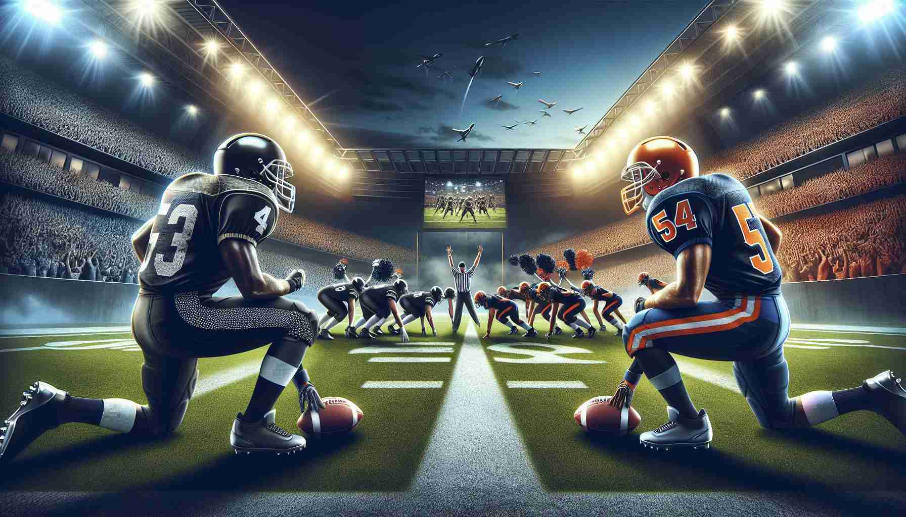 High-definition, realistic illustration showcasing an exciting American Football match between two unnamed teams. One team's uniforms are primarily black with some silver accents, mirroring the emblem of a pirate. The other team's uniforms are predominantly orange with some navy blue designs, symbolizing the spirit of a wild horse. The stadium buzzes with energy, fans are in their seats, cheerleaders are at the sides, and two fiercely opposed teams ready on the field to start the game.