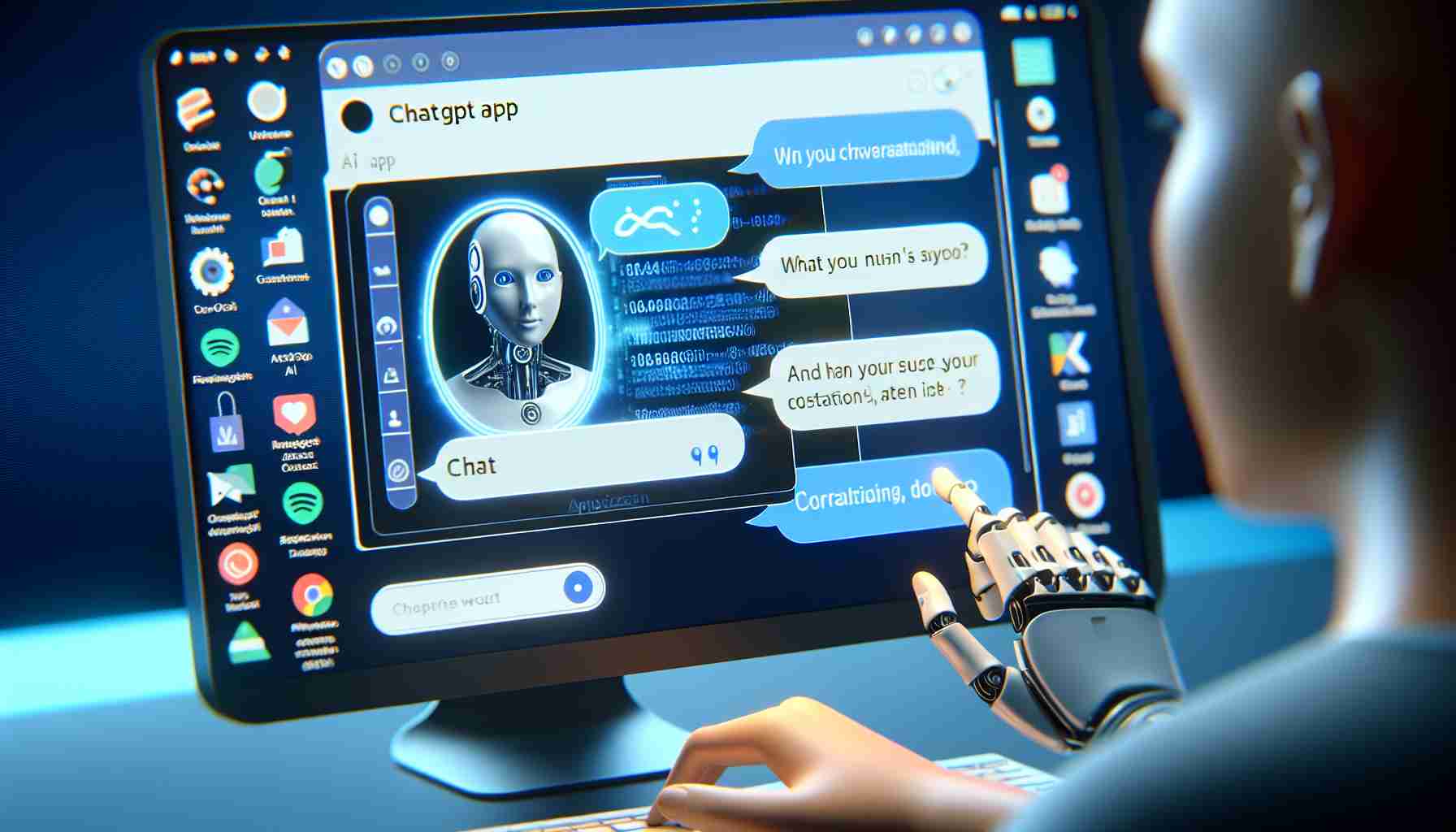 Create a high-definition, realistic image of an application window on a desktop. The application window is titled 'ChatGPT App' and it contains a chat interface where a conversation between a user and an AI is happening. The user is typing a message in English, and the AI is providing articulate, human-like responses. On the desktop, near the application window, there are other recognizable software icons specific to the Windows operating system.